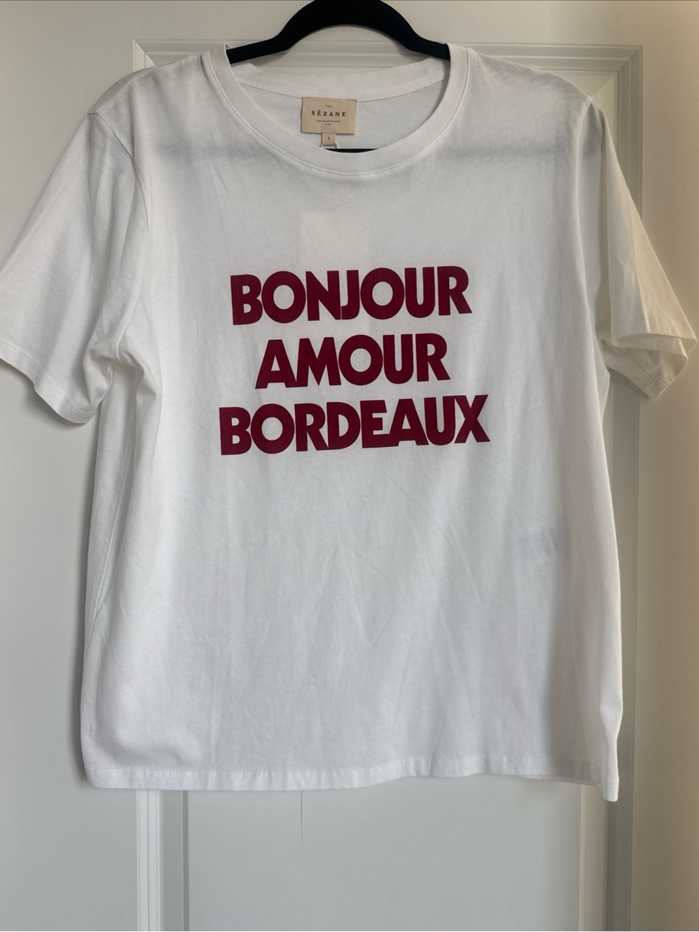 Sezane Bonjour Amour Graphic Print Cotton Crew Neck Short Sleeve Tee Large NWT